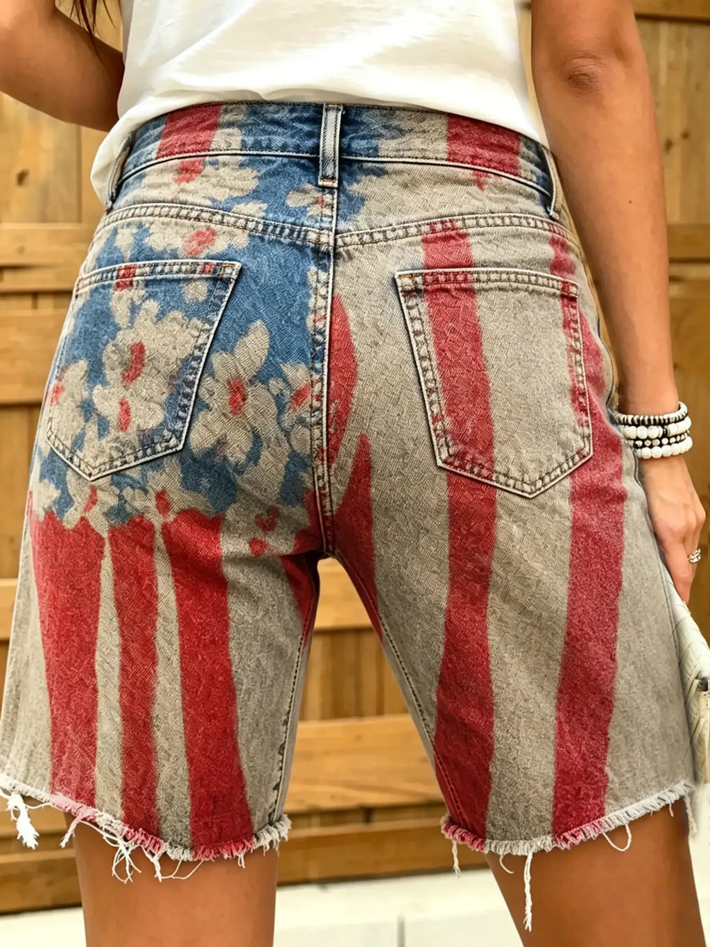 Women's Flag Floral Print Frayed Hem Denim Bermuda Shorts