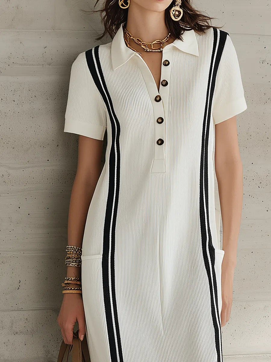 Elegant White Stripe Pleated Polo Maxi Dress