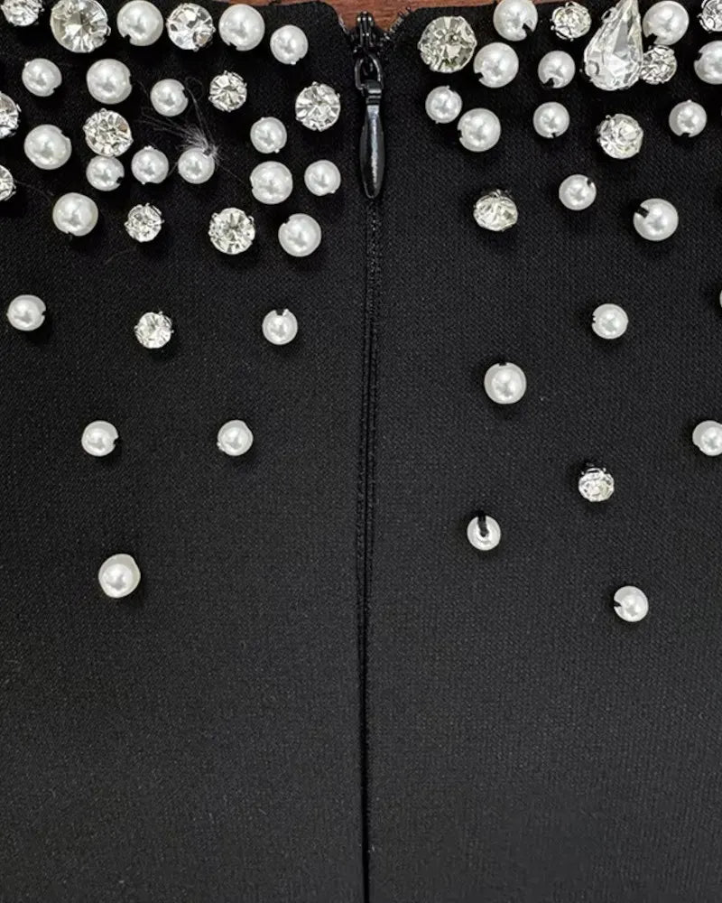 Cape Sleeve Crystal Pearl Maxi Dress Black