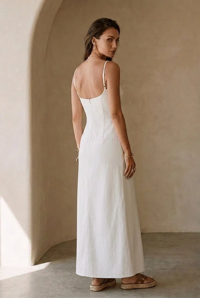 Elegant White Minimal Strappy Slit Maxi Dress