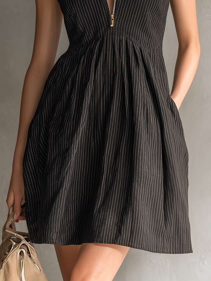 Black Striped Zip-up collar Sleeveless A-line Mini Dress