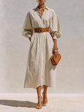 Women's Elegant Ivory Cotton Blend Pinstripe Collared Button-Front Balloon Sleeve Belted Midi Shirt DressMDZ0739G0ZSQ