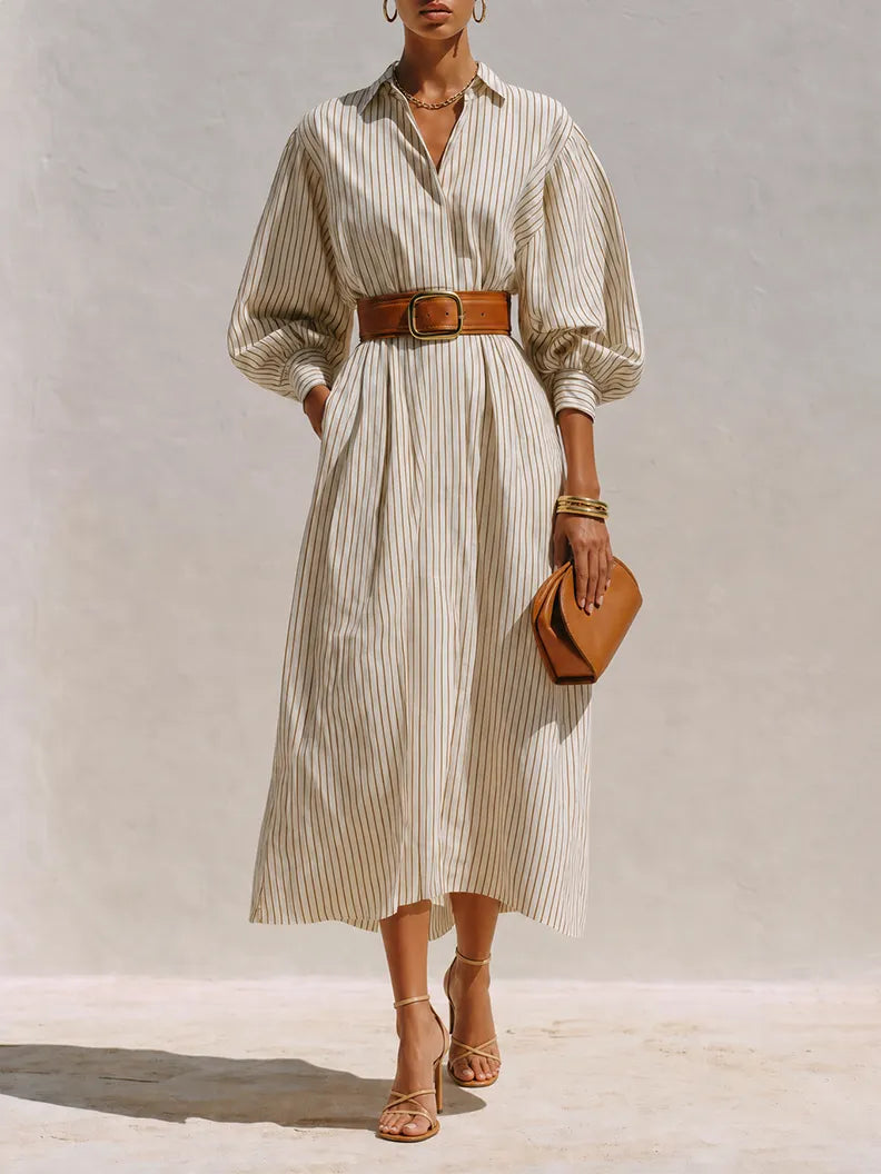 Women's Elegant Ivory Cotton Blend Pinstripe Collared Button-Front Balloon Sleeve Belted Midi Shirt DressMDZ0739G0ZSQ