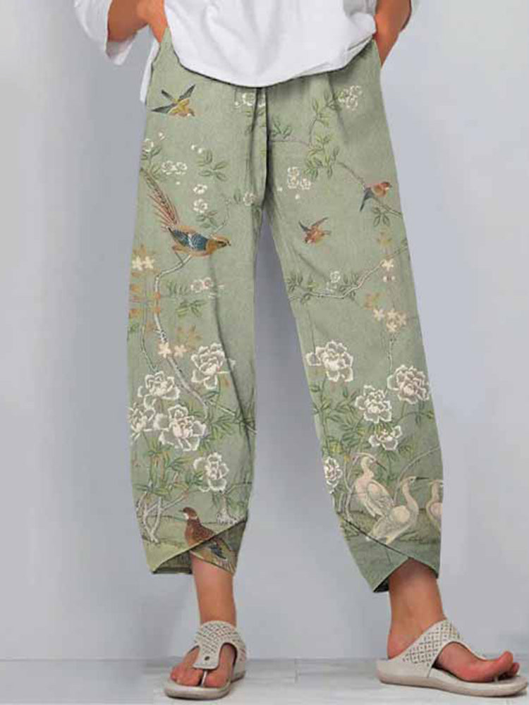 Floral Bird Print Loose Casual Pants