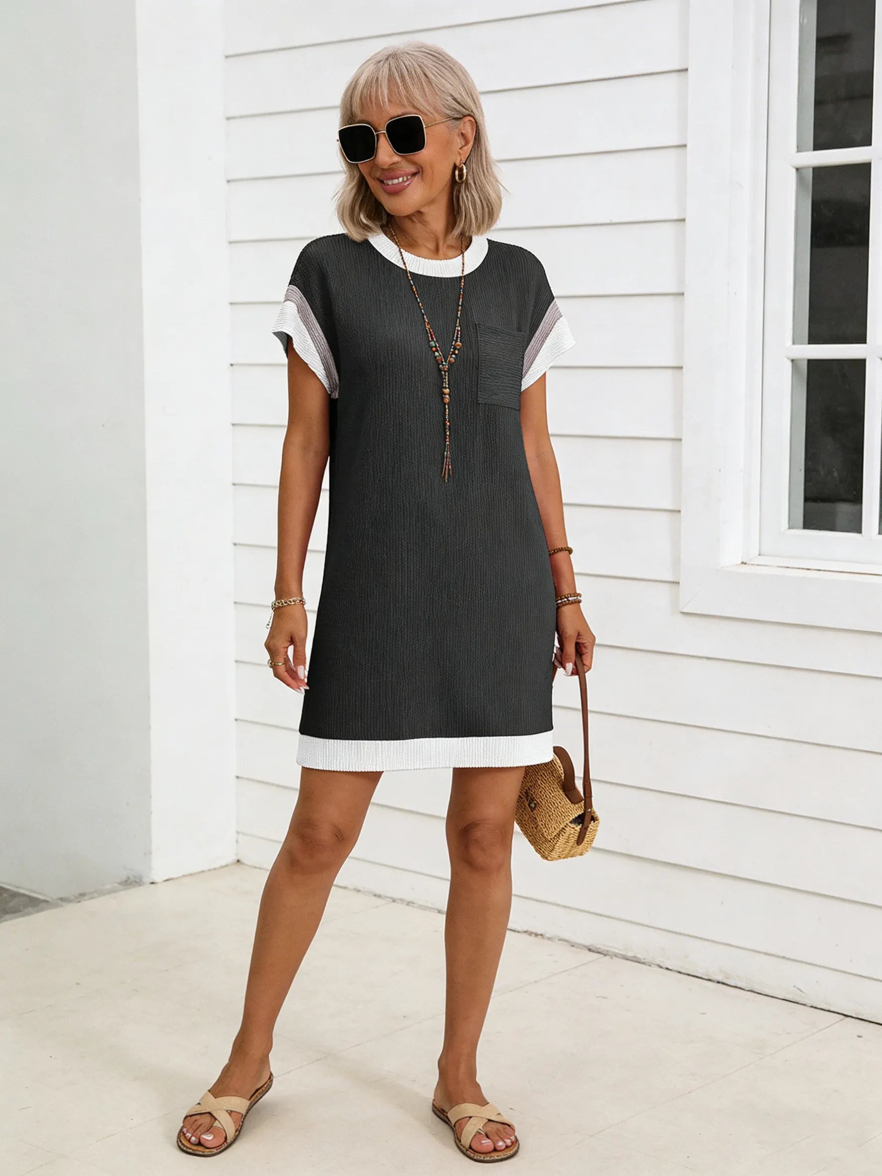 Textured Fabric Casual Contrast Twist Strip Short Sleeve Pocket Dress