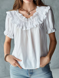 Boho White Ruffled Lace Trim Puff Sleeve Blouse