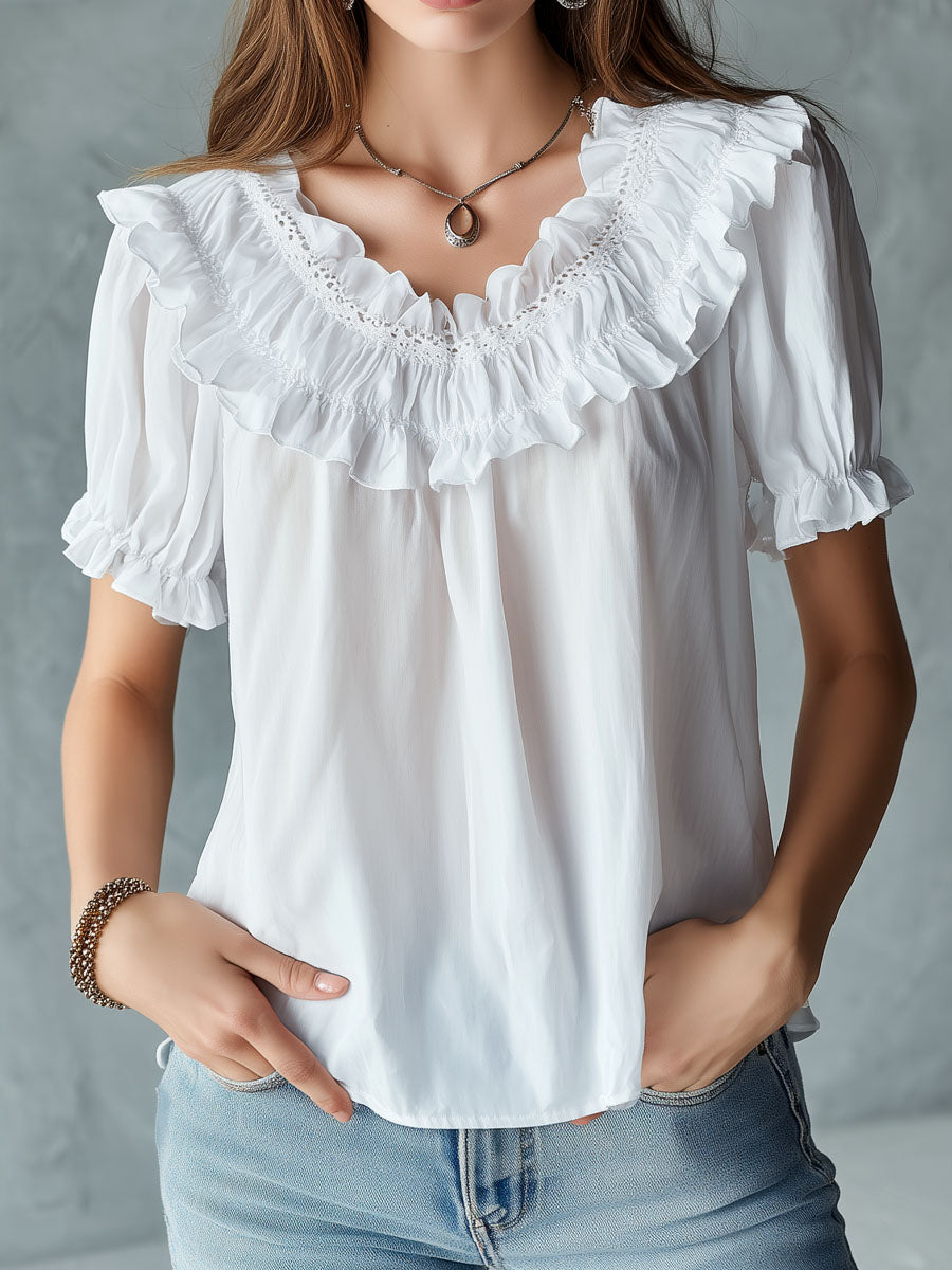 Boho White Ruffled Lace Trim Puff Sleeve Blouse