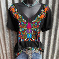 Women V-Neck Boho Print Short Sleeve Loose Summer T-Shirt