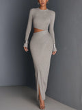 Gray Textured Cutout Long Sleeve Maxi Dress