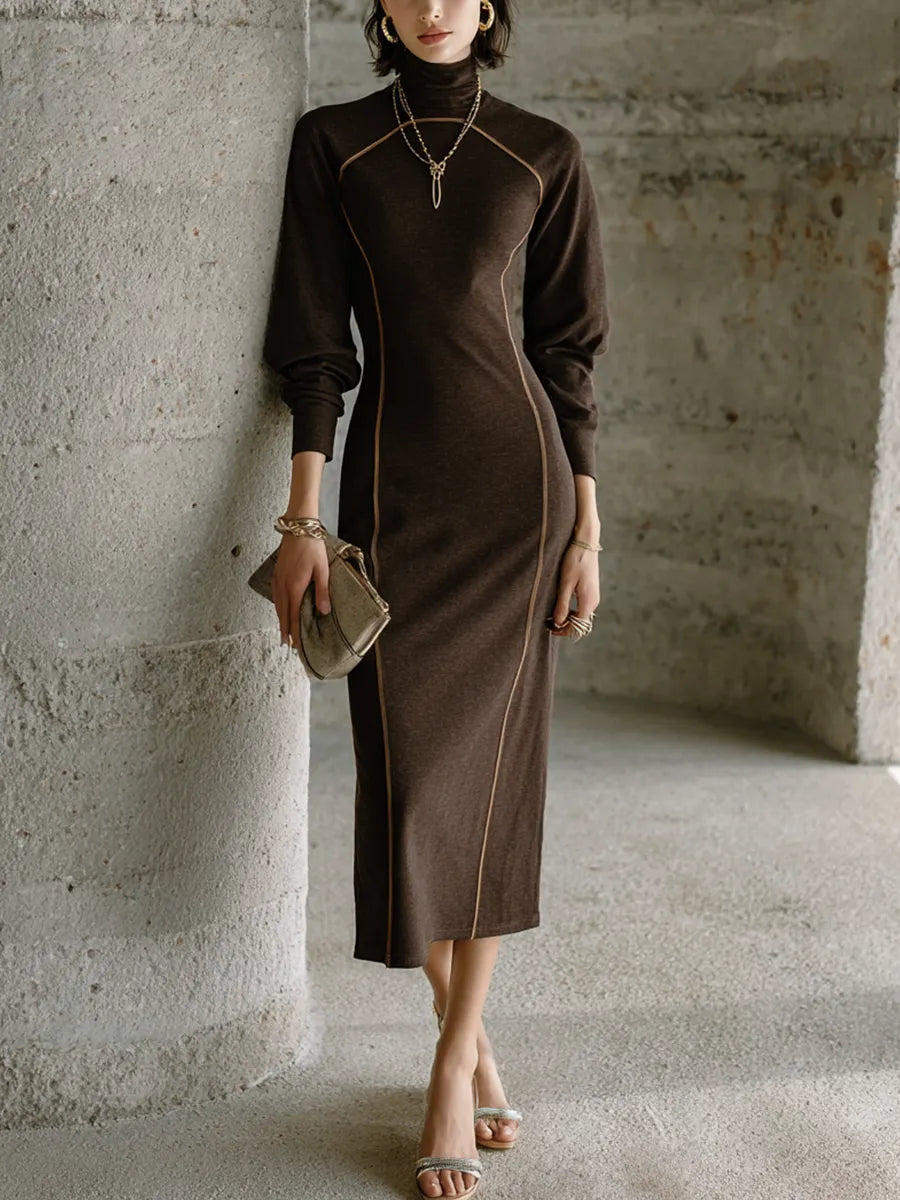 Women's Elegant Slim Dark Brown Cotton Blend Turtleneck Contrast Stitch Lantern Sleeve Midi Dress MDZ1512G9GMJ
