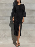 Women’s Black Faux Suede Crew Neck Flare Three Quarter Sleeve Lace Trim Front High Slit Midi Bodycon Dress MDZ0762G2YZJ