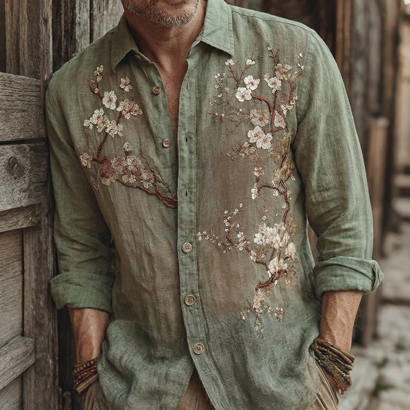 Men's Japanese-style Cherry Blossom Art Casual Shirt