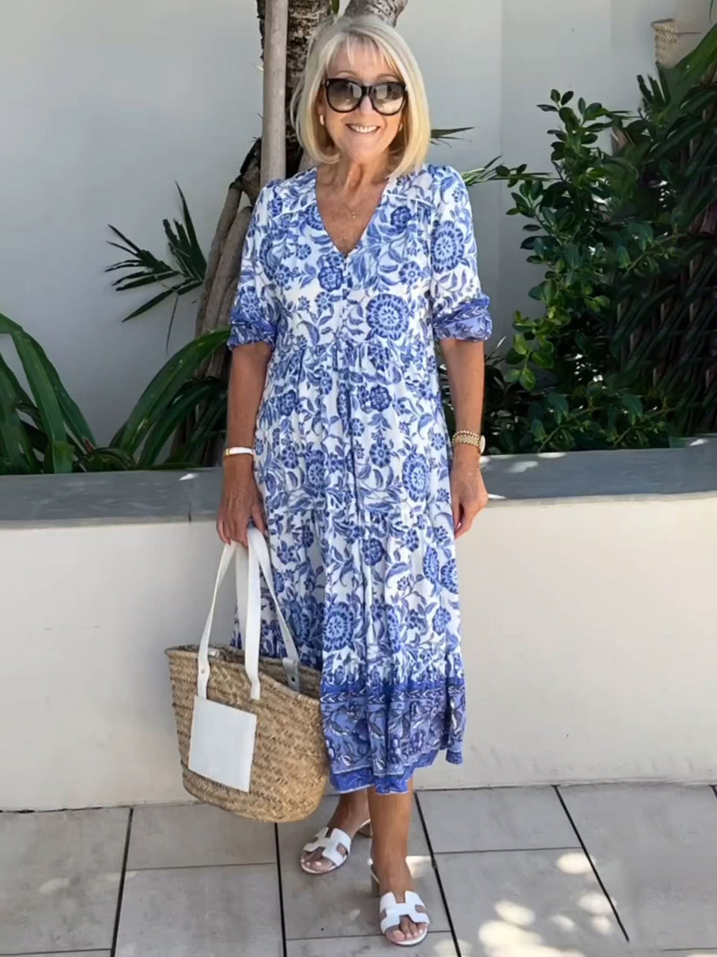 Boho Deep V Half Sleeve Dress Loose Floral Skirt Vacation Dress