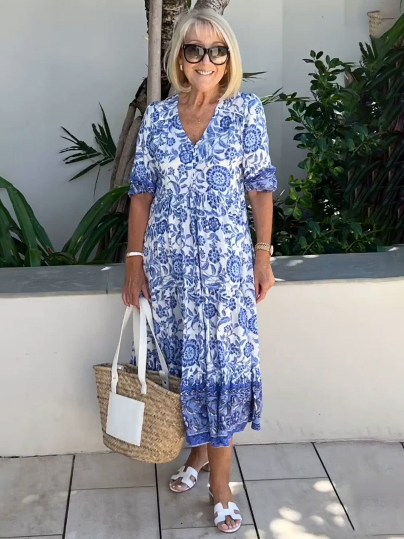 Boho Deep V Half Sleeve Dress Loose Floral Skirt Vacation Dress