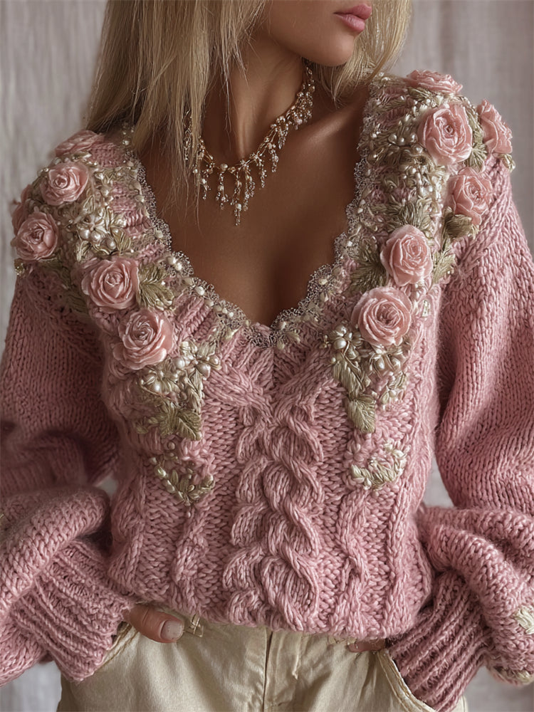 Vintage Tiny Pink Roses Glitter Cozy Cable Knit Sweater