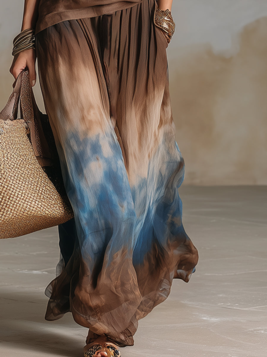 Retro Ethnic Bohemian Brown Cotton-Linen T-Shirt & Gradient-Print Chiffon Midi Skirt Set