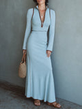 Women's Casual Fitted Color-Block Long-Sleeve Maxi Dress In Stretch Knit MDZ2064G0WY