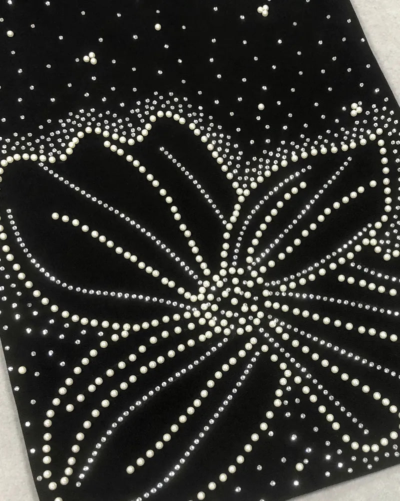 Draped Bardot Crystal Pearl Floral Maxi Dress Black