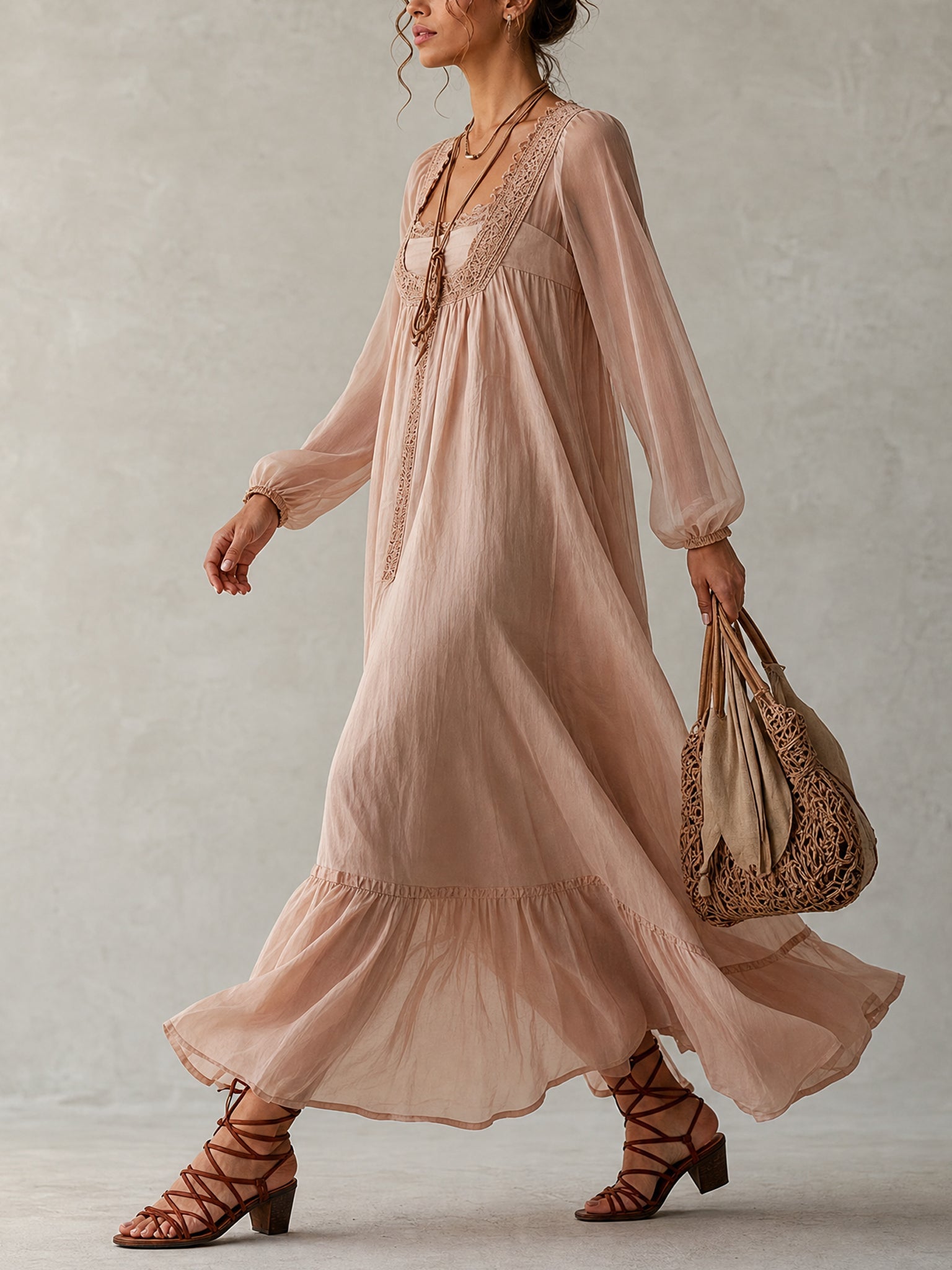 Pink Linen Long Sleeve Maxi Dress