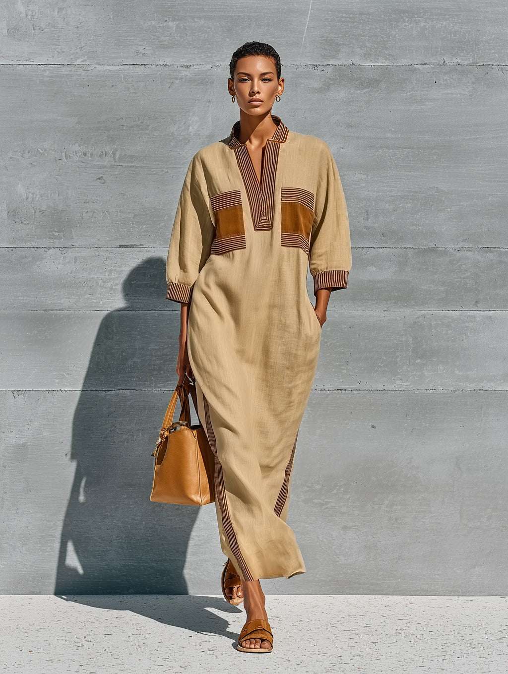Women’s Beige Linen Blend Contrast Striped Trim Stand Collar Half Placket Batwing Cuffed Sleeve Patch Pocket Side Slit Kaftan Maxi Dress MDZ0639G8YZJ