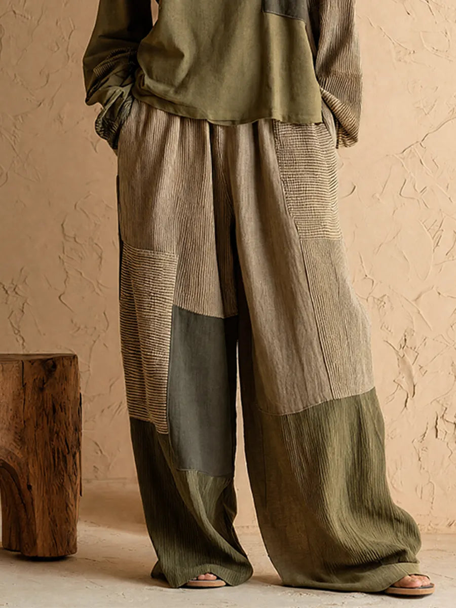 Women's Casual Vintage Army Green Cotton-Linen Patchwork Loose Round Neck Long-Sleeve Top & Wide-Leg Pants Set MDZ0982G6CMX