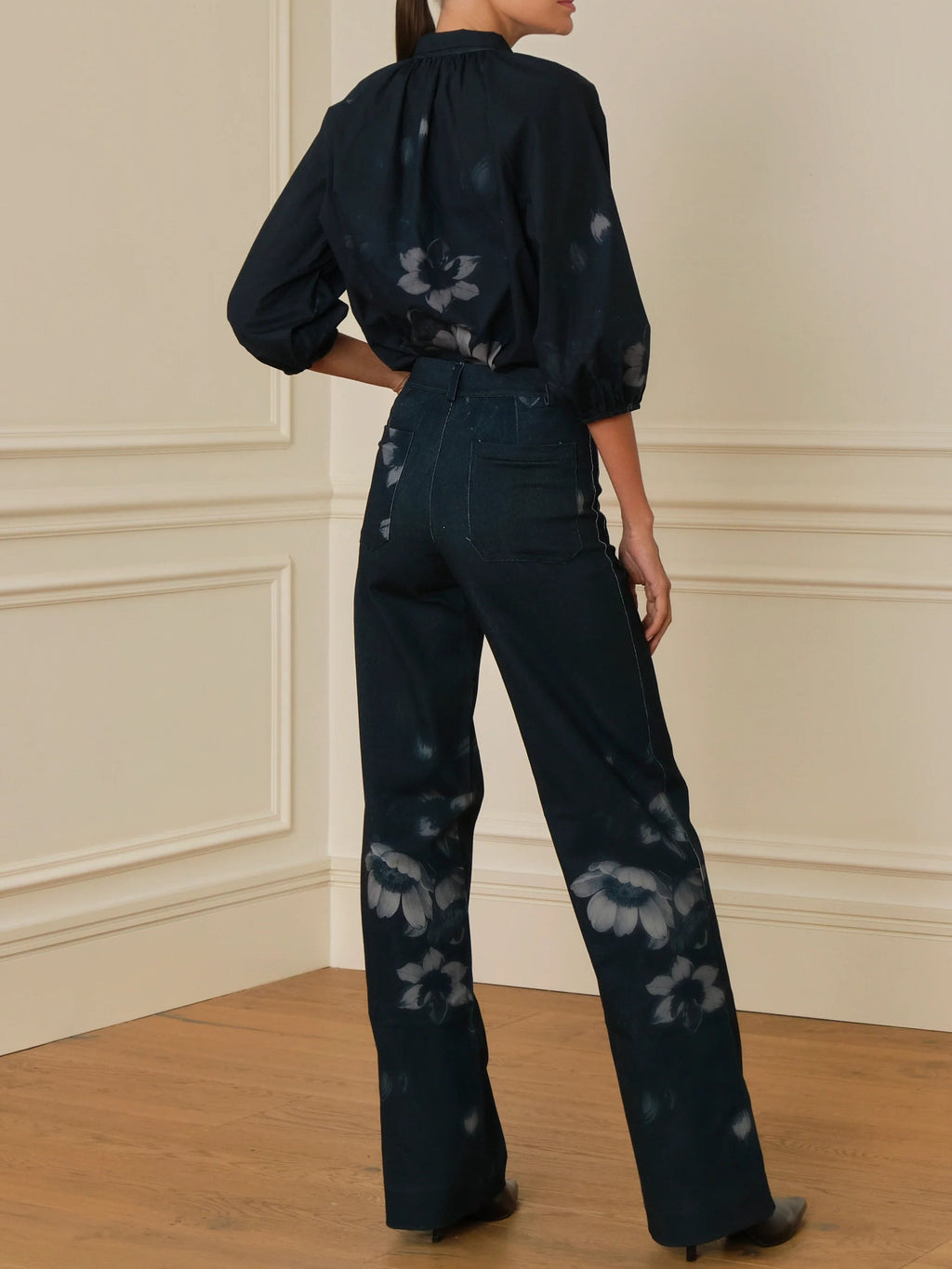 High-neck bow-print shirt and trousers set