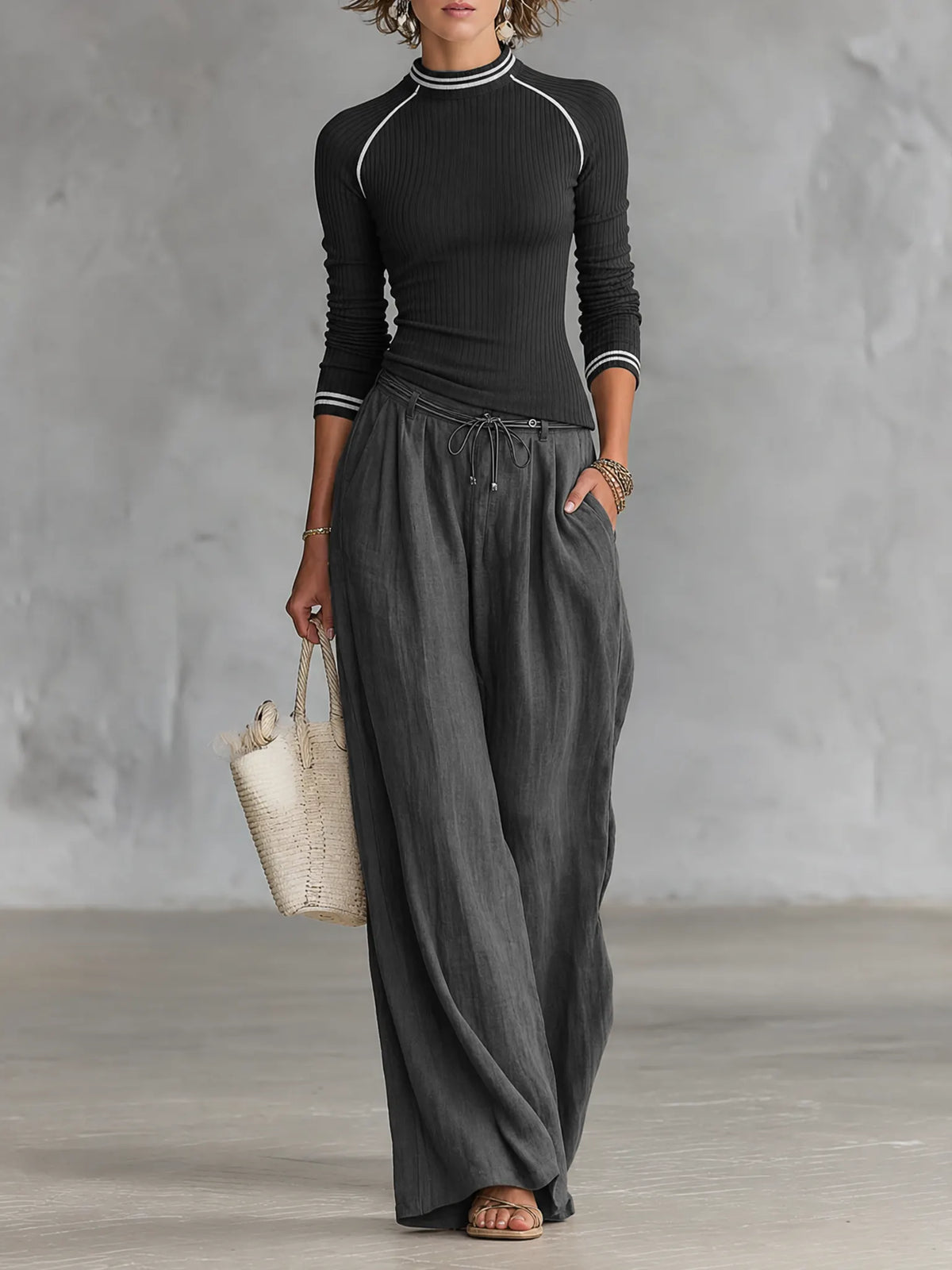 Women's Casual Ribbed Sweater And Wide-Leg Pants Set MDZ2736G1WY