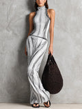 Women's Casual Sleeveless Maxi Dress In Stretch Knit With A Black-and-white Linear Print MDZ1638G7LXY