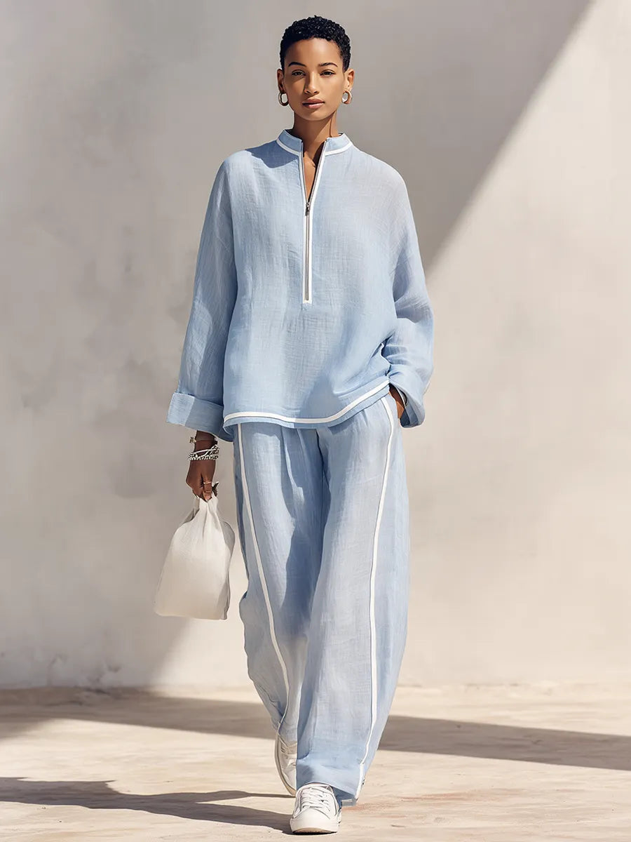 Women's Light‑Blue Linen Fabric Stand‑Collar Half‑Zip Oversized Top & Wide‑Leg Pants Set MDZ1594G5ZRK