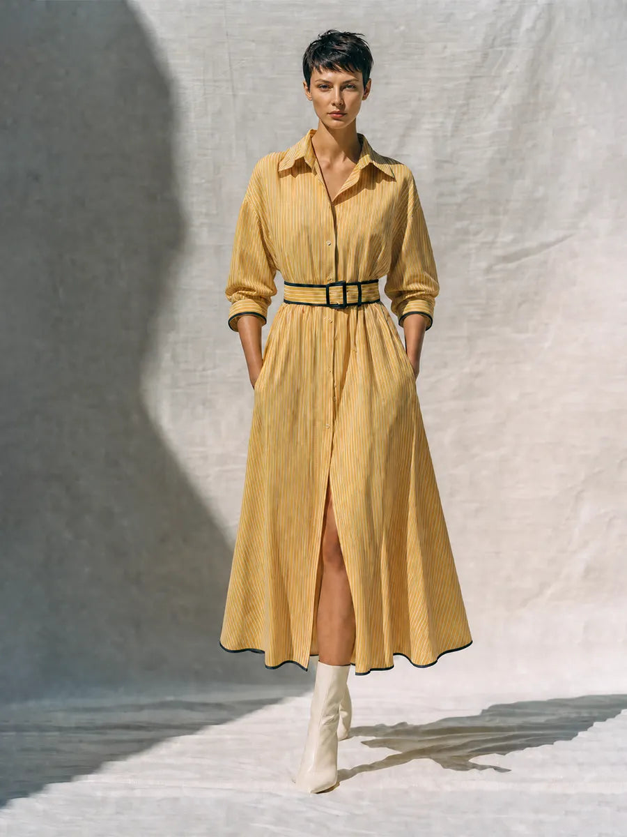 Women's Retro Style Yellow Cotton Blend Striped Collared Long Sleeve Belted Button-Front Contrast Trim Midi Shirt Dress MDZ1572G3ZSQ