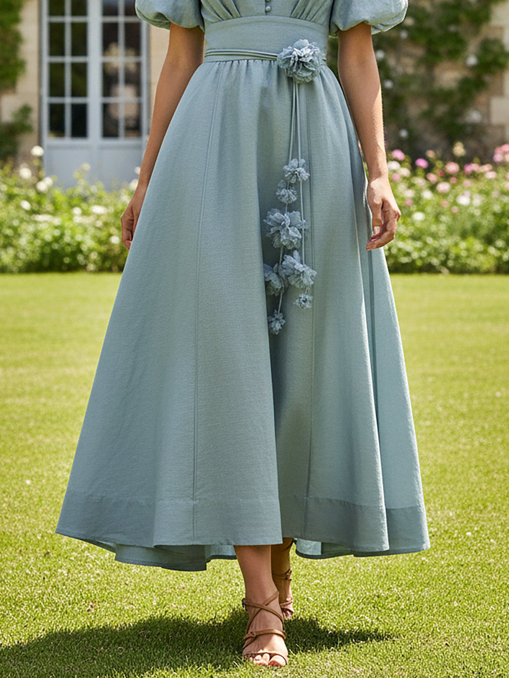 Maxi Linen Dress, Short Sleeves, V Neck, 3D Floral, Vintage, Blue