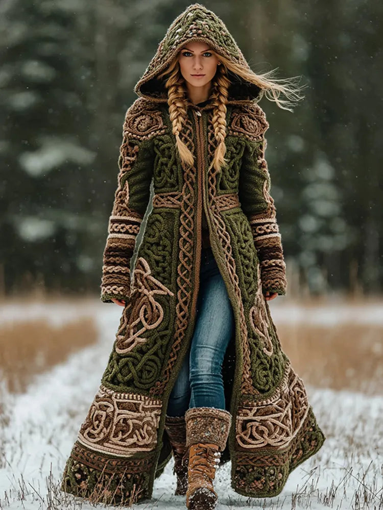 Women's Celtic Knot Rune Contrast Knit Hooded Coat