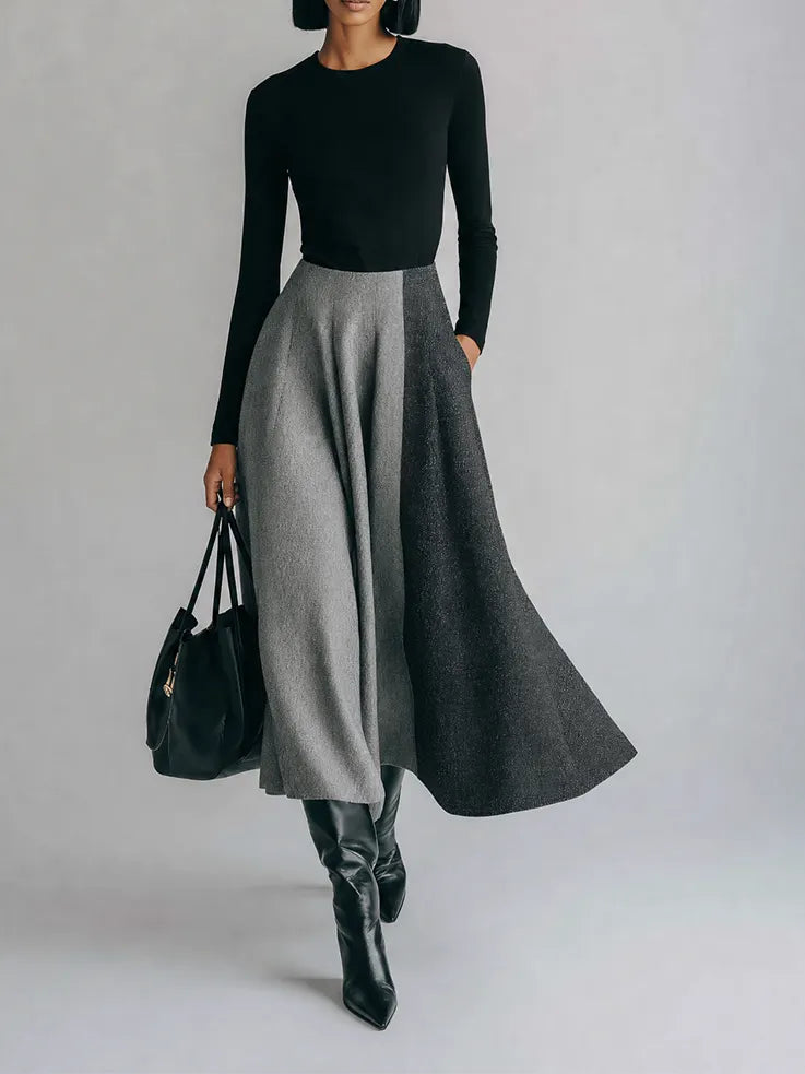 Women's Minimalist Black And Gray Color-Block Long Sleeve Midi Dress MDZ1767G1ZSQ