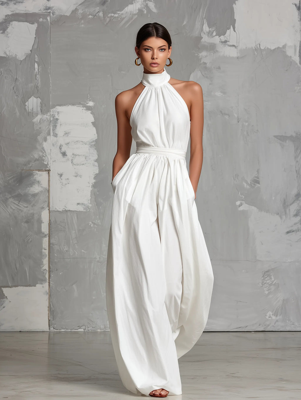 Women's Elegant White Woven Sleeveless Halter-neck Jumpsuit MDZ0554A3AN