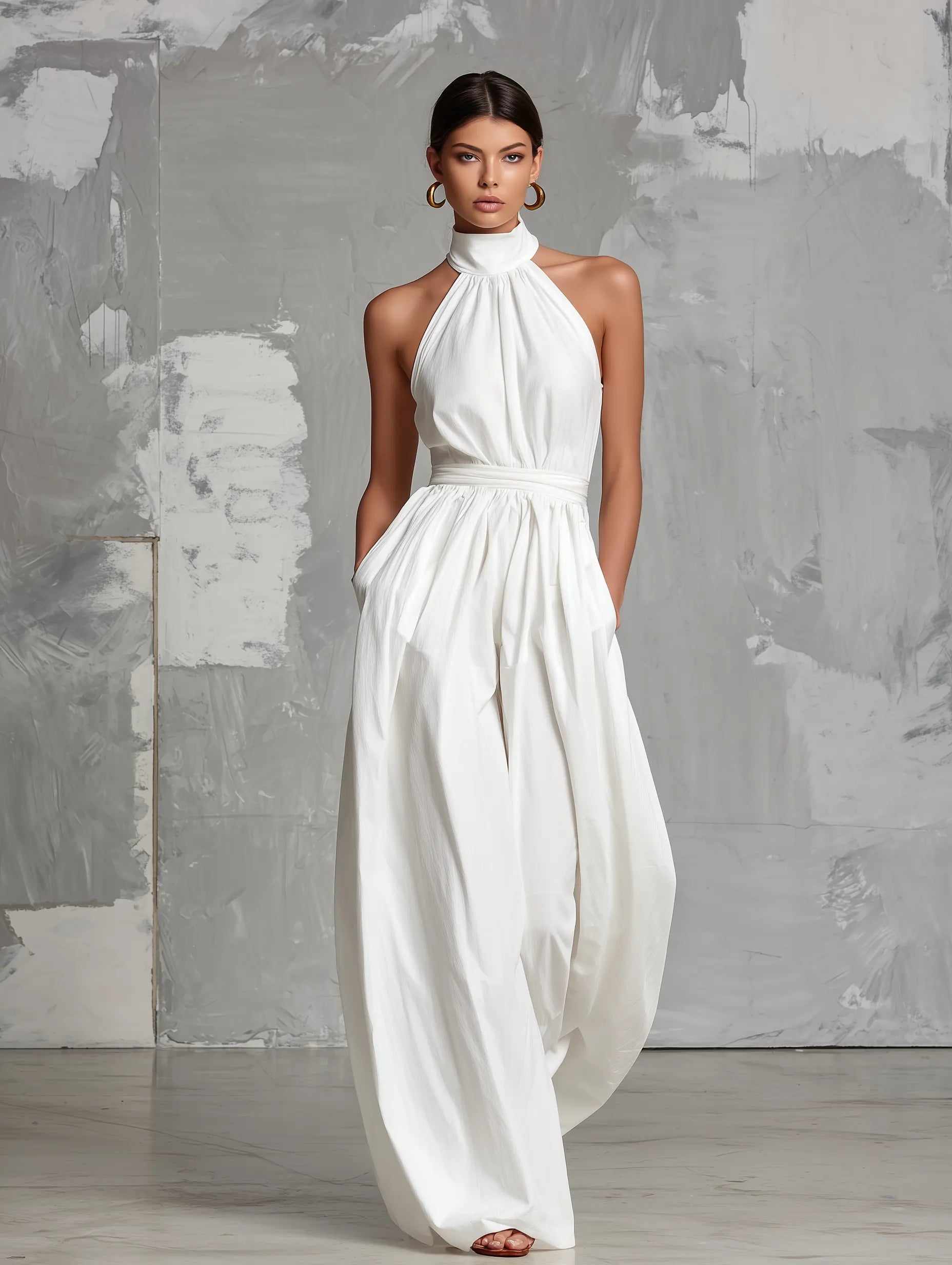 Women's Elegant White Woven Sleeveless Halter-neck Jumpsuit MDZ0554A3AN