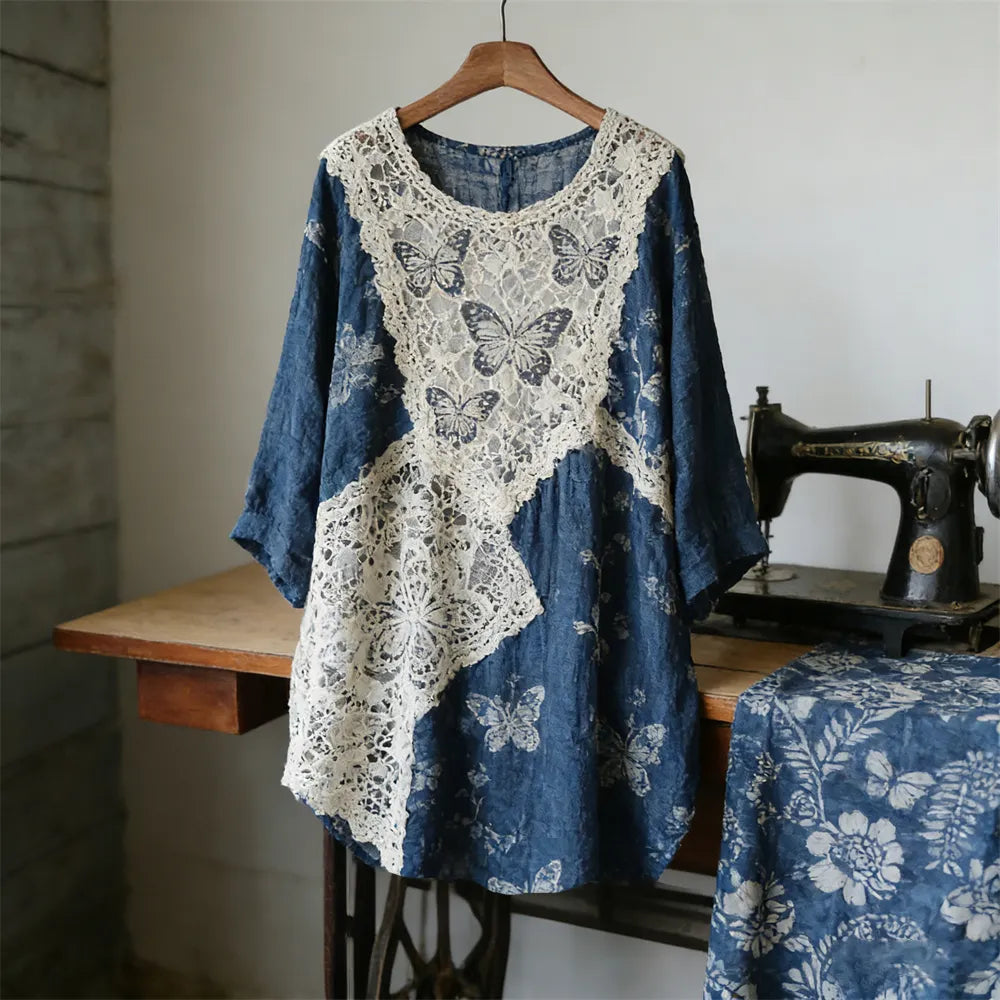 Vintage Lace Butterfly Patchwork Linen Women's Long Sleeve Shirt