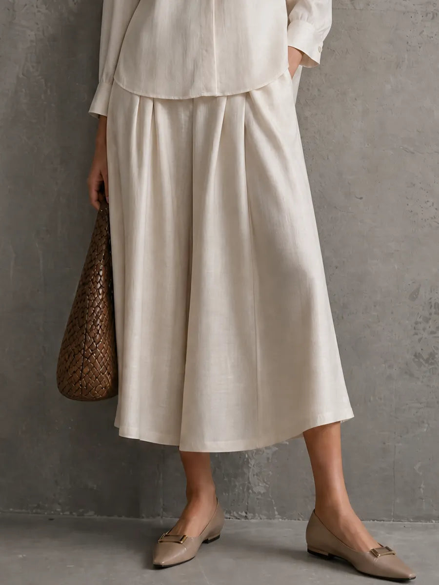 Women's Minimalist Ivory Tencel Cotton Linen Stand Collar Shirt Wide-Leg Culottes Set MDZ2190G2GMJ