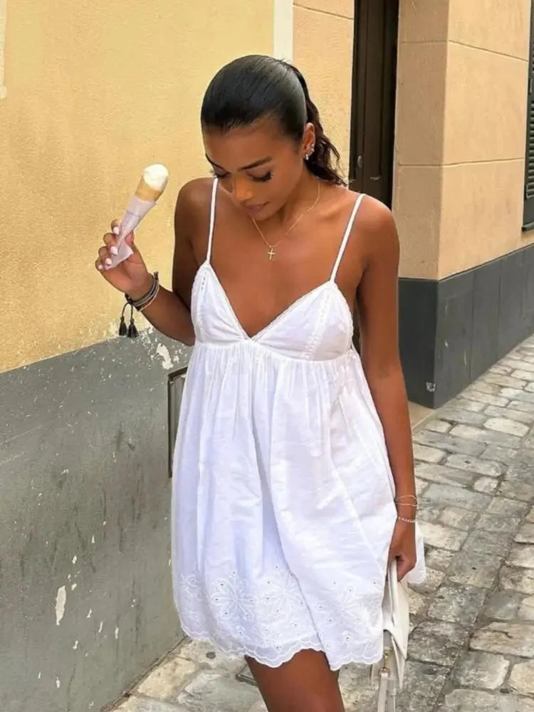Amaris White Embroidered Cotton Mini Sundress – Strappy Summer Holiday Day Dress for Women