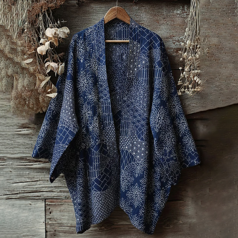 Retro Japanese Traditional Sashiko Art Print Cotton And Linen Blend Kimono Cardigan