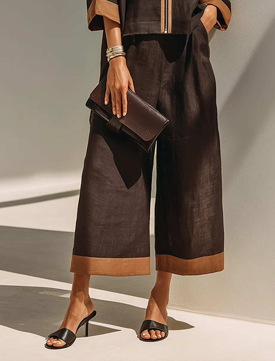 Women's Dark‑Brown Linen Fabric Stand‑Collared Zip‑Up Crop Top & Wide‑Leg Pants Set MDZ1459G3ZRK