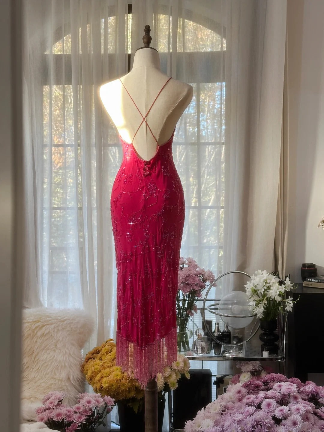 Pink Fashion Elegant Exquisite Beaded Spaetti Strap Midi/Short Mermaid Slim Chiffon Ball Gown Evening Dress Birthday Party Dress Prom Dress Wedding Dress 4098