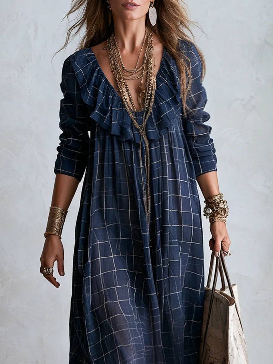 Bohemian Style Midnight Blue Plaid Ruffle Maxi Skirt