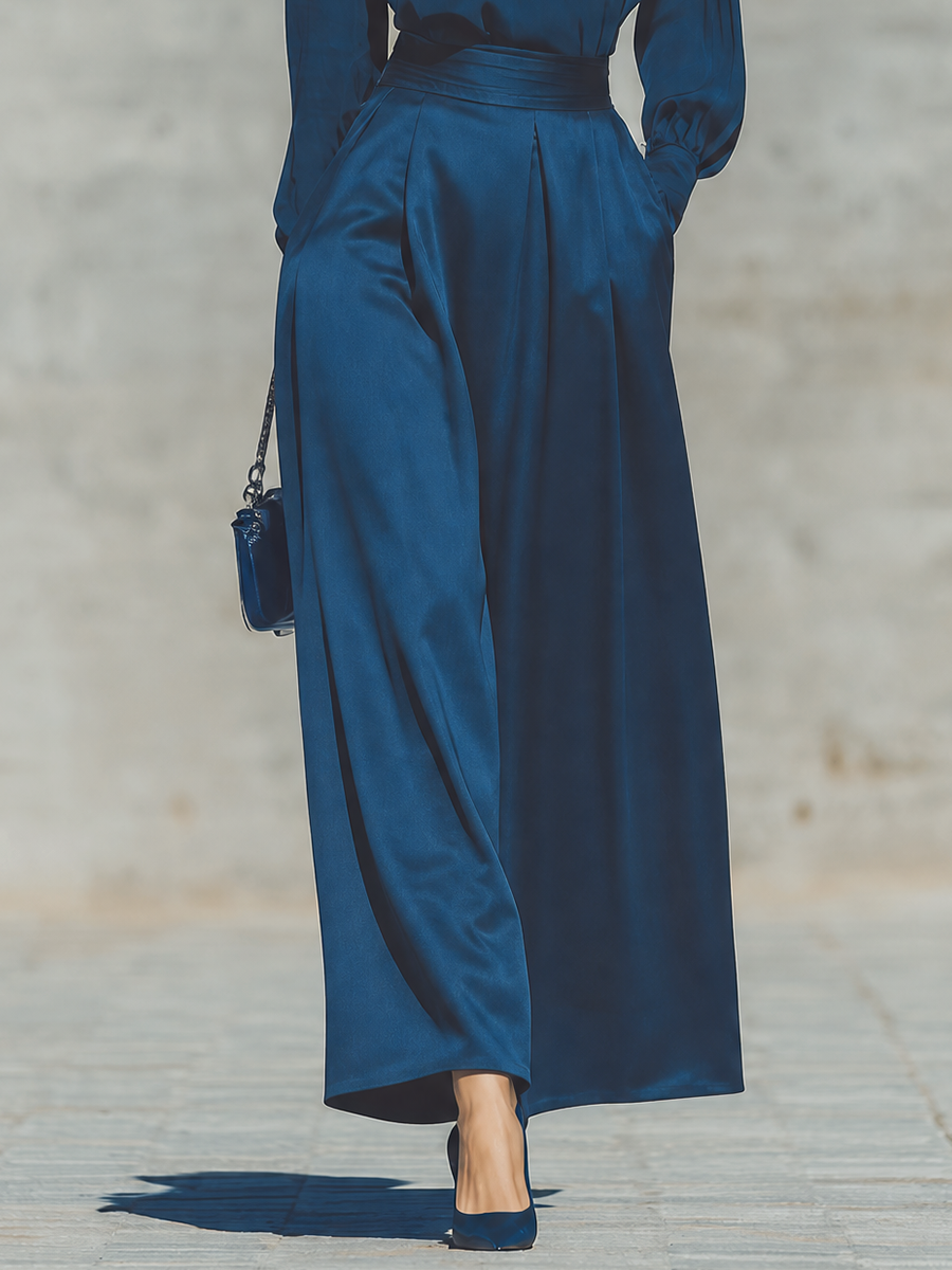 Women's Solid Deep Blue Satin Bow Tie Mock Neck Long Sleeve Loose Top High Rise Waist Side Pocket Skirt Set MDZ2496G7YZJ