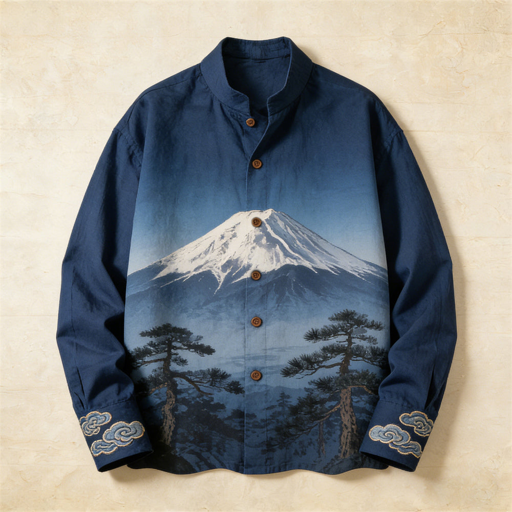 Japanese Mt. Fuji Mountain View Art Men's Linen Long Sleeve Shirt