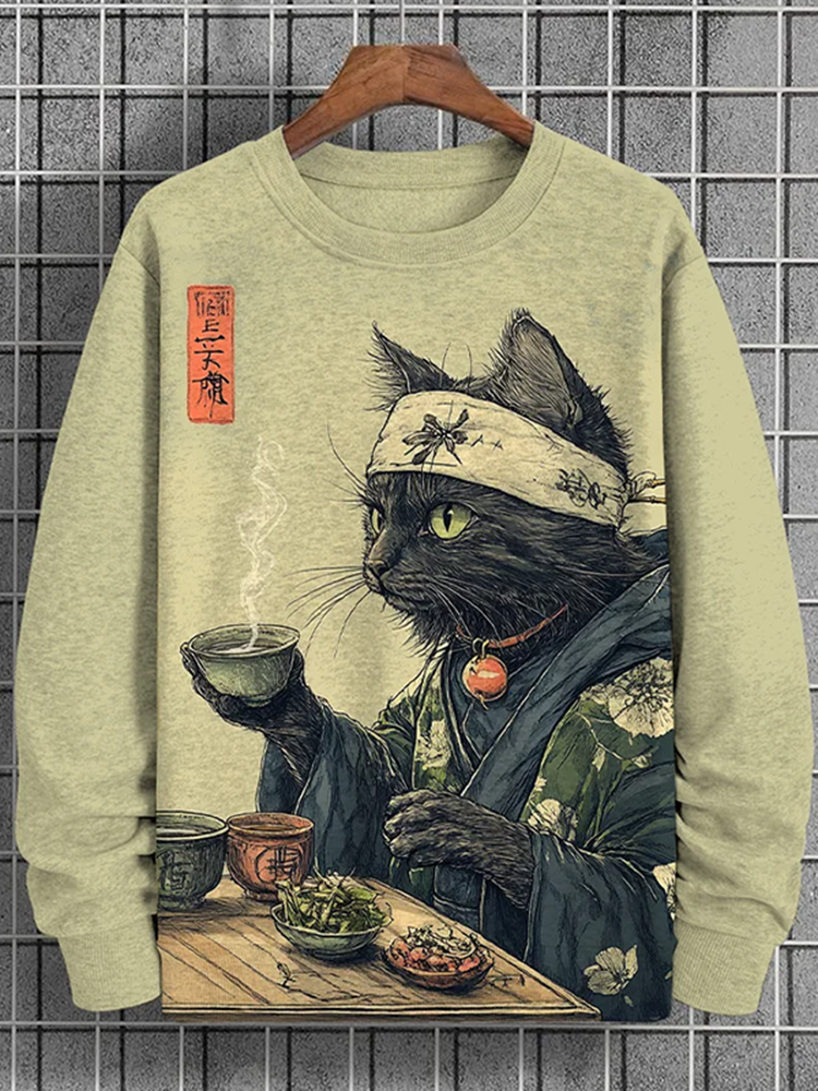 Men's Cat Drinking Tea Japanese Tea Ceremony Art Print Casual Sweatshirt