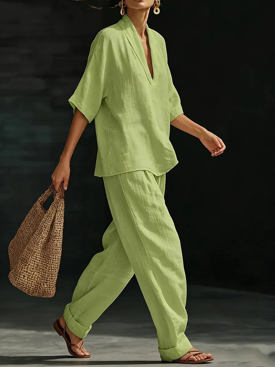 Momocco Coastal Chic 2-Piece Set - V-Neck Linen-Textured Tunic & Wide-Leg Pants Lounge Set