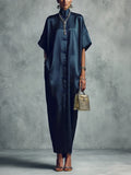 Navy Blue Stand-up Collar Button-down Maxi Dress