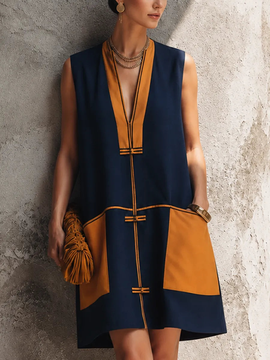Women's Luxury Resort Style Navy Blue Cotton Blend Color Block Frog Button Sleeveless Mini Dress MDZ3005F3GMJ