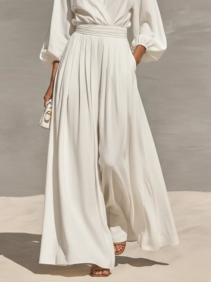 Women's White Linen Blend Wide Leg Jumpsuit With Wrap V Neck Puff Three Quarter Sleeves & High Waist Pleated Trousers, Minimalist Resort Floor Length Jumpsuit MDZ1611G6LYL