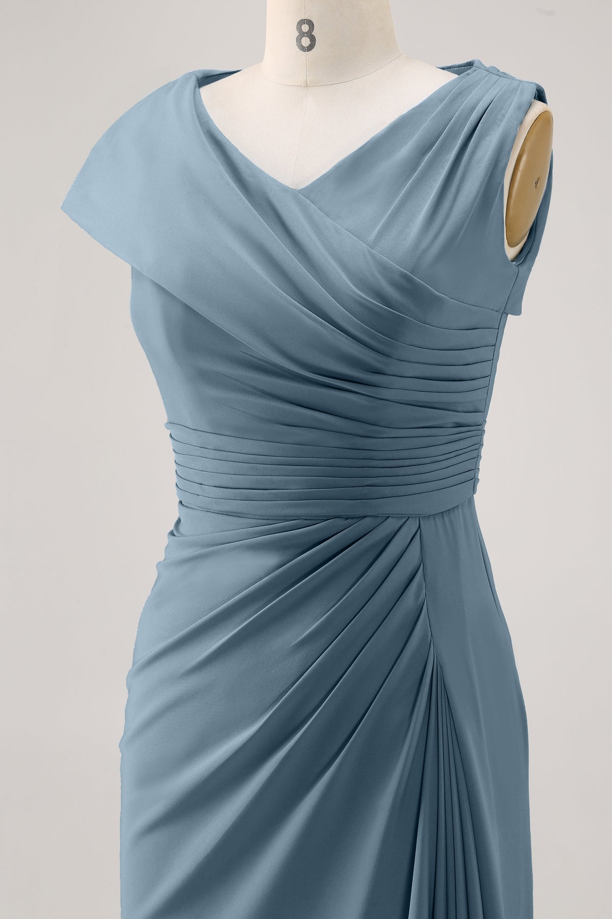 Wedding Guest Party Dress Blue Ruched V Neck Maxi Dress